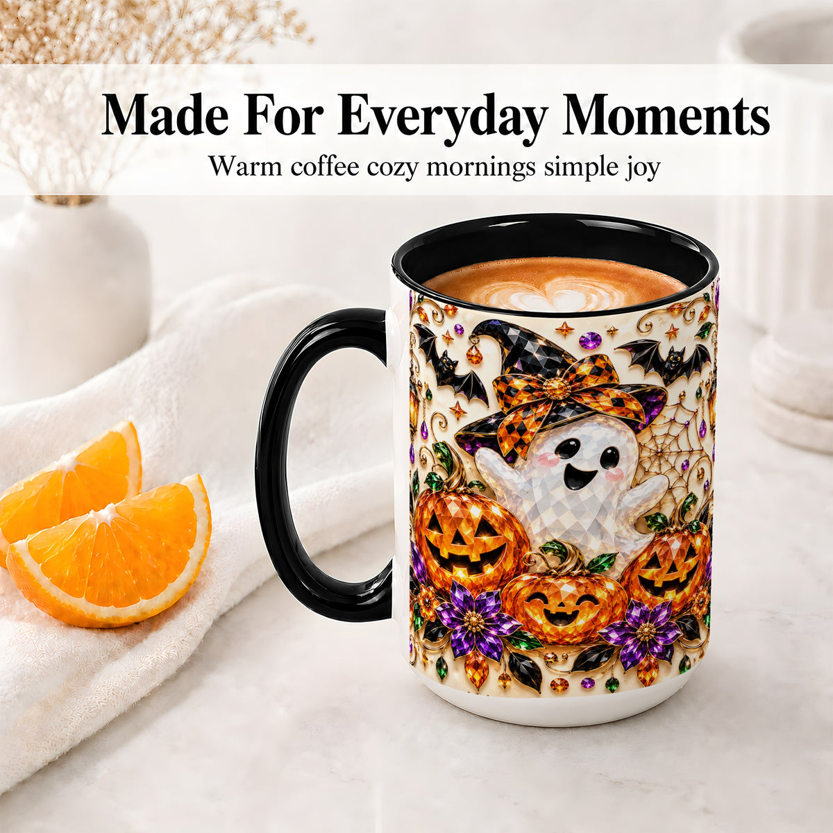 #pl[15oz|Black] Cute Ghost Halloween Ceramic Mug, Pumpkin Witch Hat Artwork