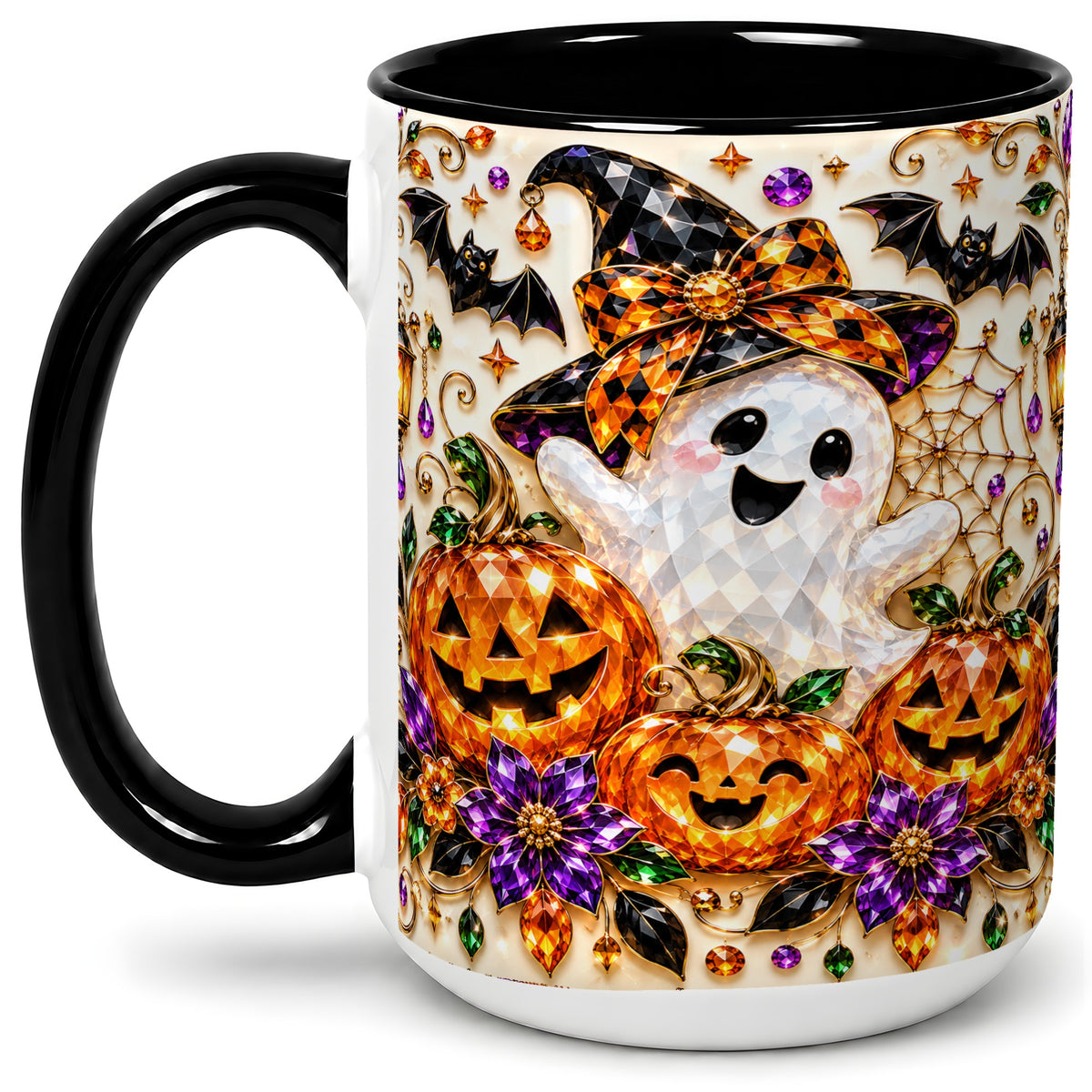 #pl[15oz|Black] Cute Ghost Halloween Ceramic Mug, Pumpkin Witch Hat Artwork