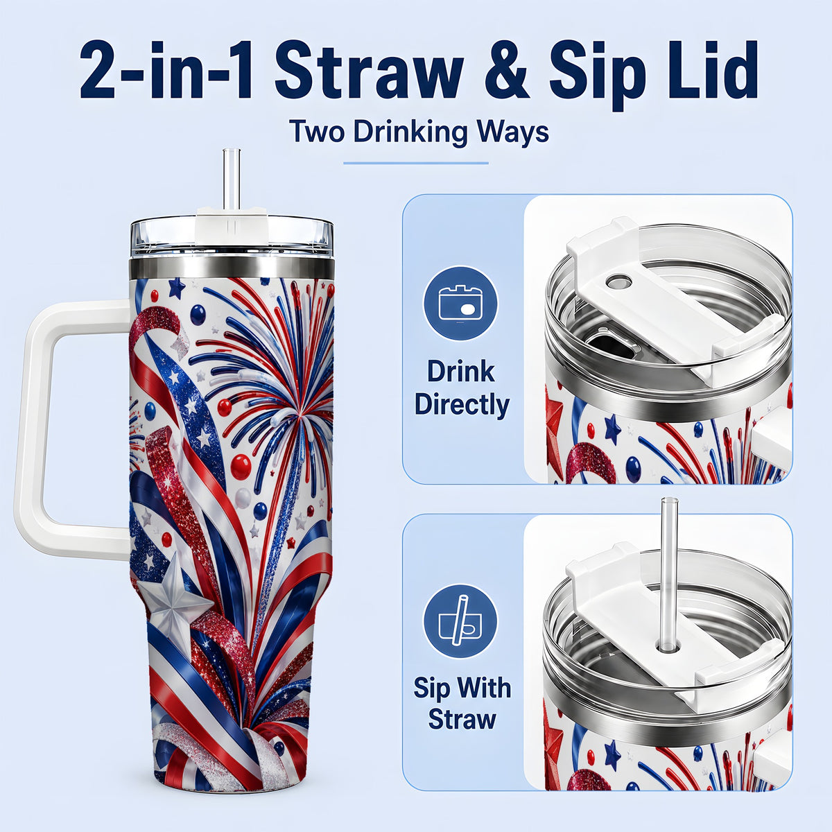 #pl[40oz|White] Patriotic Fireworks 40oz Tumbler, Stainless Steel Star Drinkware
