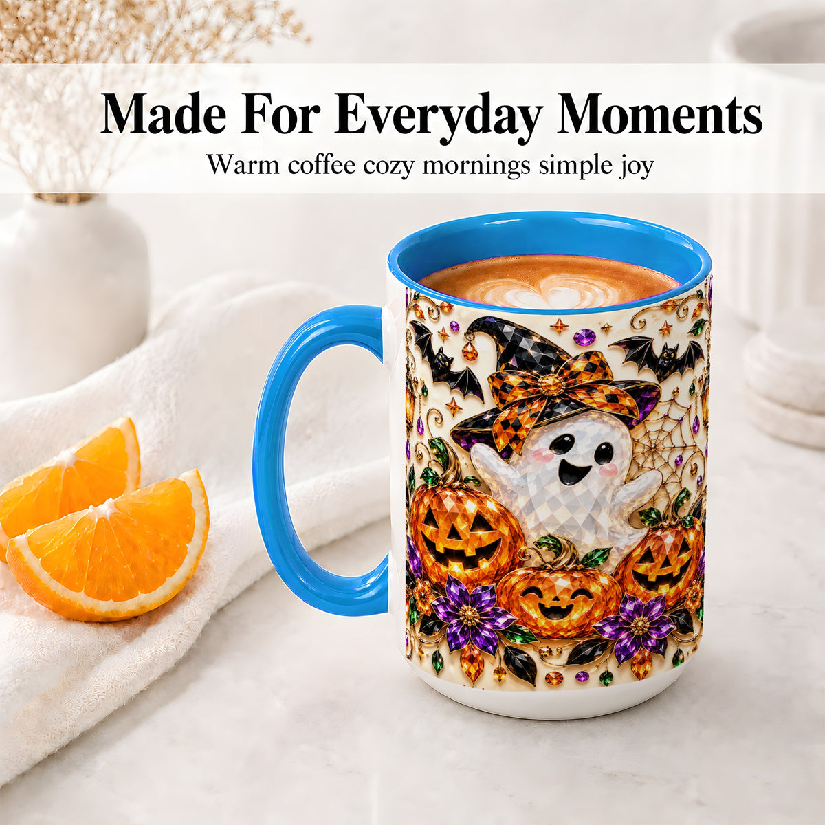 #pl[15oz|Blue] Cute Ghost Halloween Ceramic Mug, Pumpkin Witch Hat Artwork