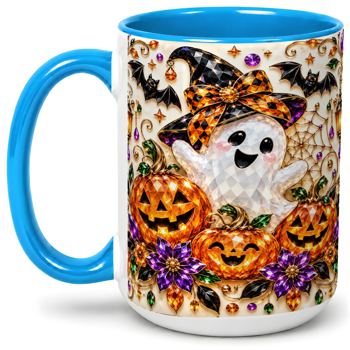 #pl[15oz|Blue] Cute Ghost Halloween Ceramic Mug, Pumpkin Witch Hat Artwork