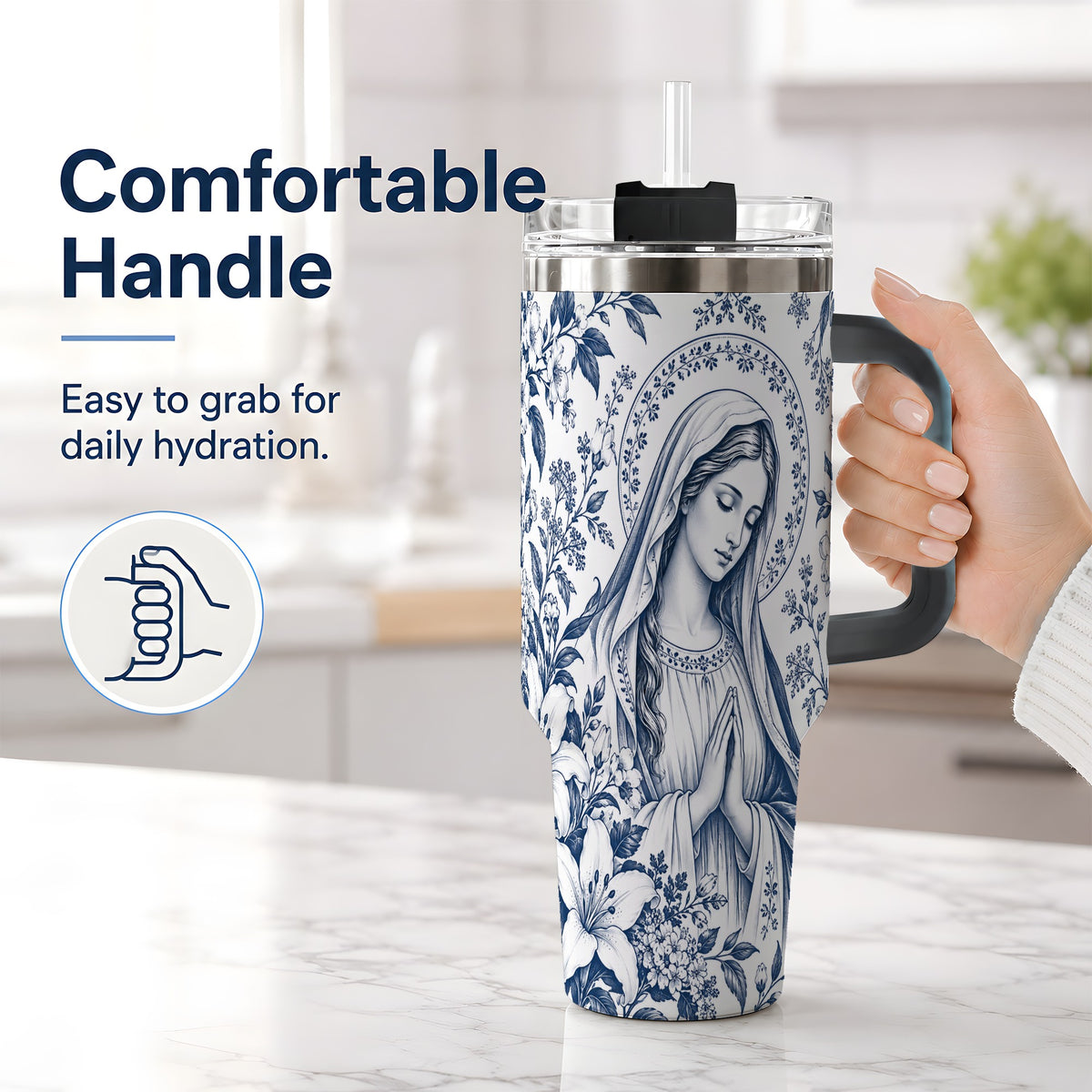 #pl[40oz|Black] Praying Woman Floral 40oz Tumbler, Stainless Steel Faith Drinkware