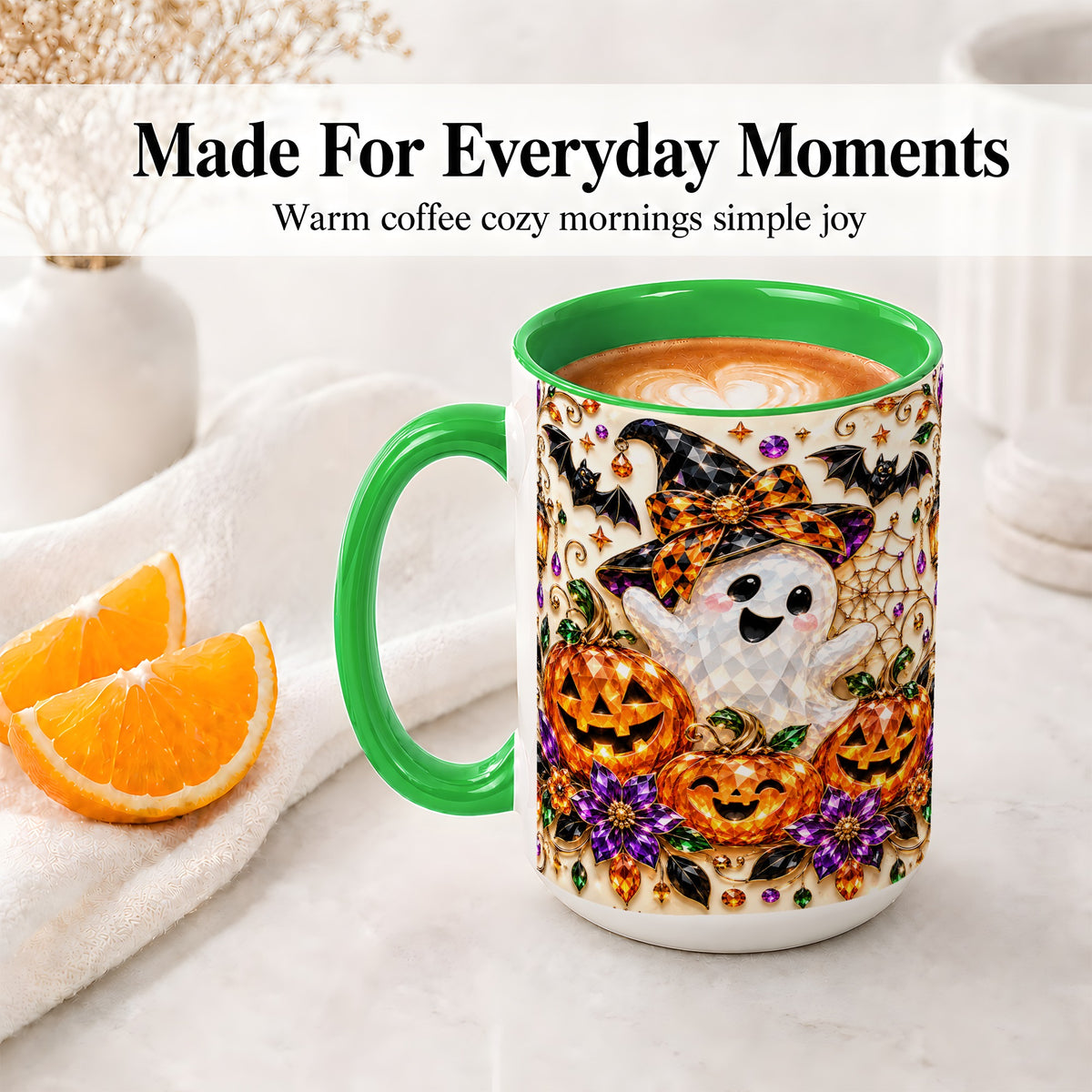 #pl[15oz|Green] Cute Ghost Halloween Ceramic Mug, Pumpkin Witch Hat Artwork