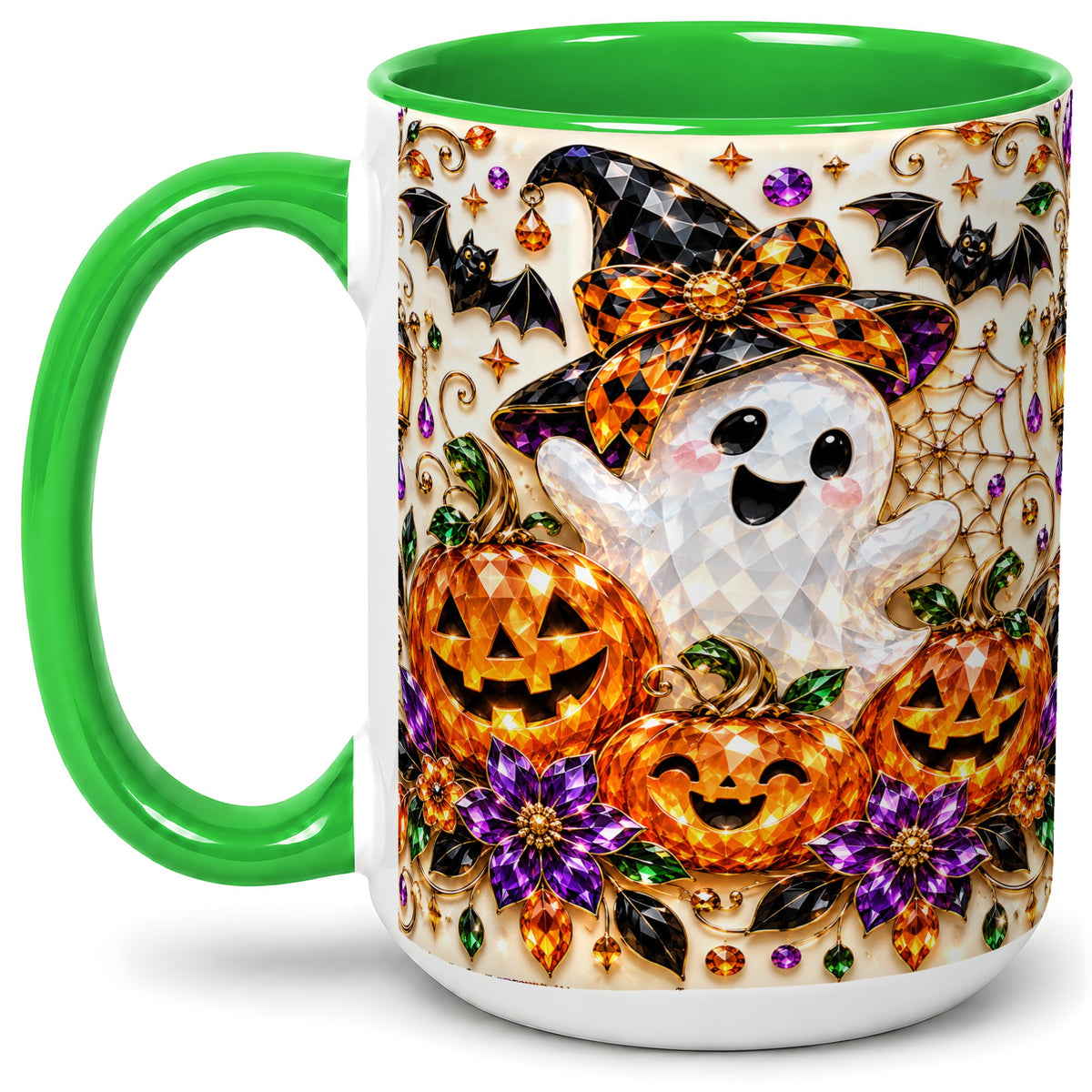 #pl[15oz|Green] Cute Ghost Halloween Ceramic Mug, Pumpkin Witch Hat Artwork