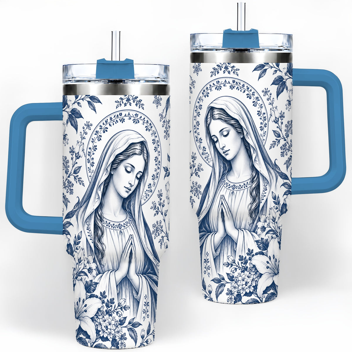 #pl[40oz|Blue] Praying Woman Floral 40oz Tumbler, Stainless Steel Faith Drinkware