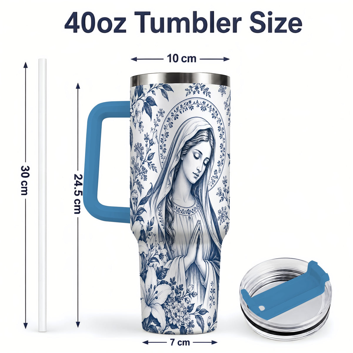 #pl[40oz|Blue] Praying Woman Floral 40oz Tumbler, Stainless Steel Faith Drinkware
