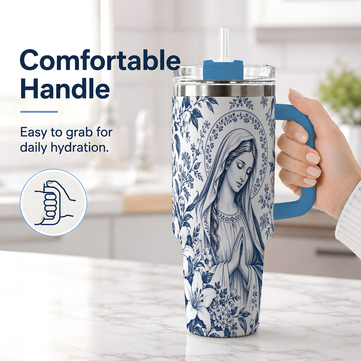#pl[40oz|Blue] Praying Woman Floral 40oz Tumbler, Stainless Steel Faith Drinkware