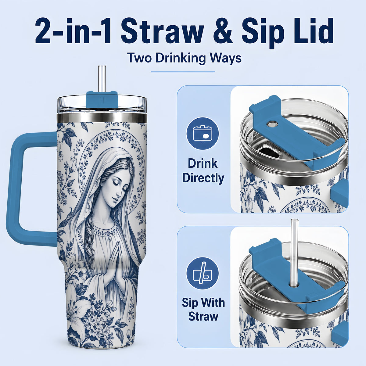 #pl[40oz|Blue] Praying Woman Floral 40oz Tumbler, Stainless Steel Faith Drinkware