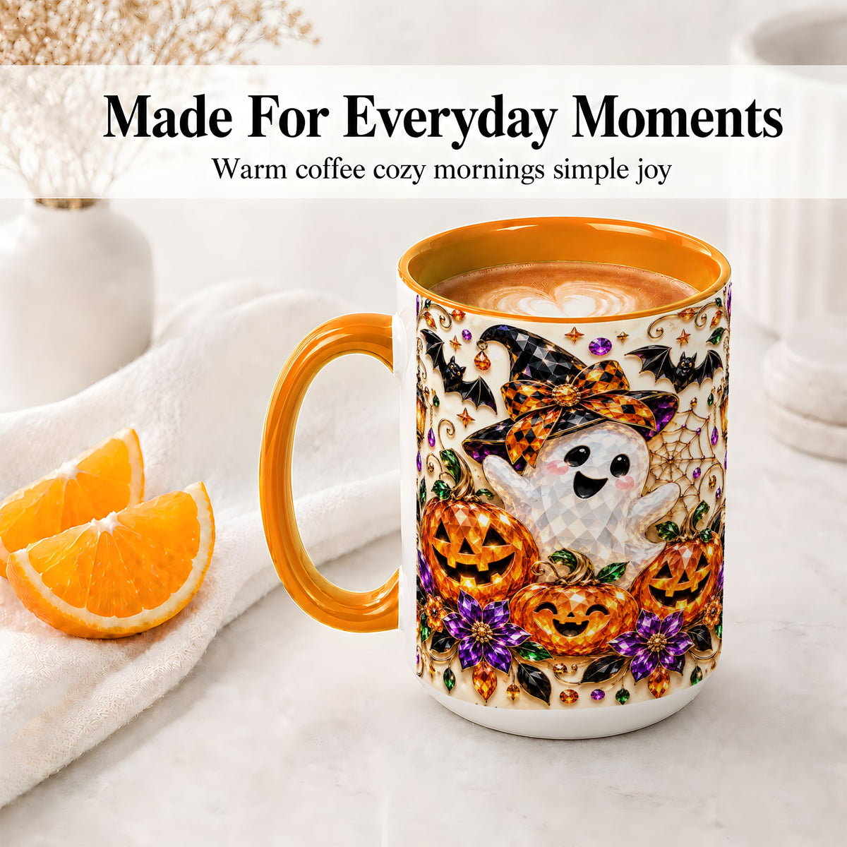 #pl[15oz|Orange] Cute Ghost Halloween Ceramic Mug, Pumpkin Witch Hat Artwork