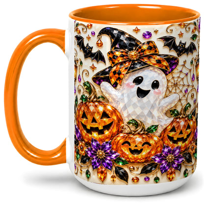 #pl[15oz|Orange] Cute Ghost Halloween Ceramic Mug, Pumpkin Witch Hat Artwork
