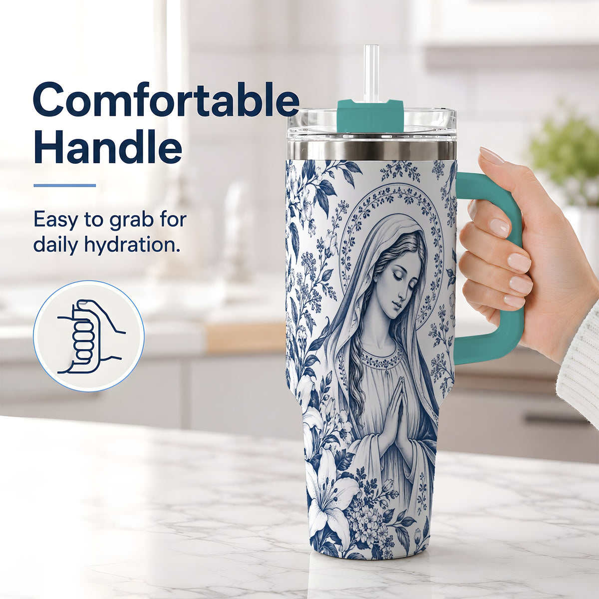#pl[40oz|Green] Praying Woman Floral 40oz Tumbler, Stainless Steel Faith Drinkware