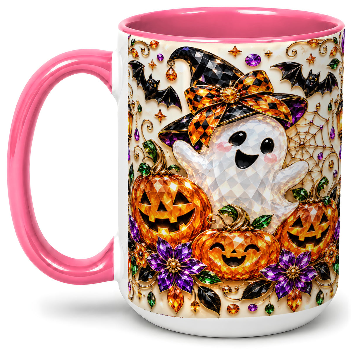 #pl[15oz|Pink] Cute Ghost Halloween Ceramic Mug, Pumpkin Witch Hat Artwork