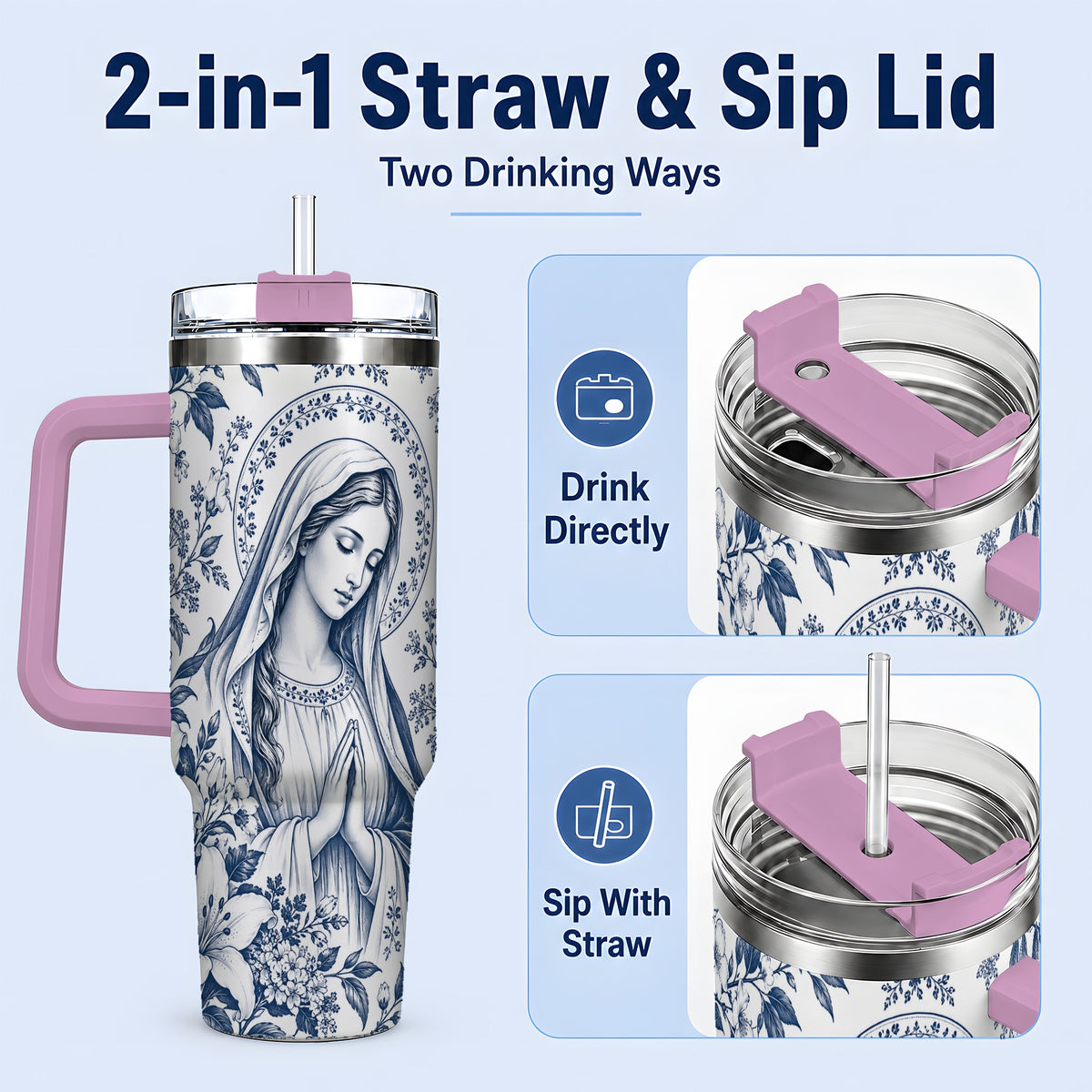 #pl[40oz|Pink] Praying Woman Floral 40oz Tumbler, Stainless Steel Faith Drinkware