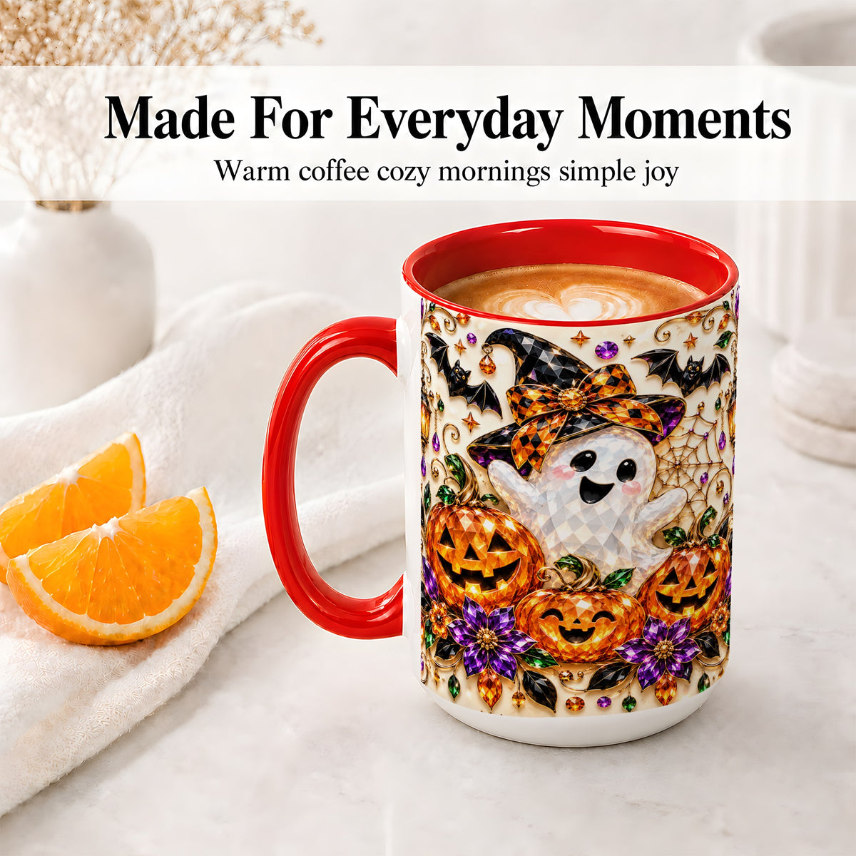 #pl[15oz|Red] Cute Ghost Halloween Ceramic Mug, Pumpkin Witch Hat Artwork