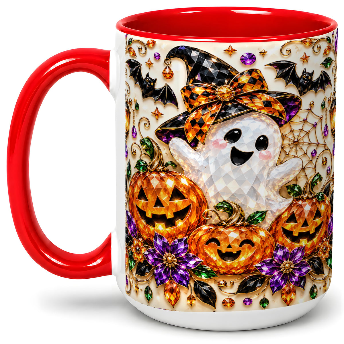 #pl[15oz|Red] Cute Ghost Halloween Ceramic Mug, Pumpkin Witch Hat Artwork