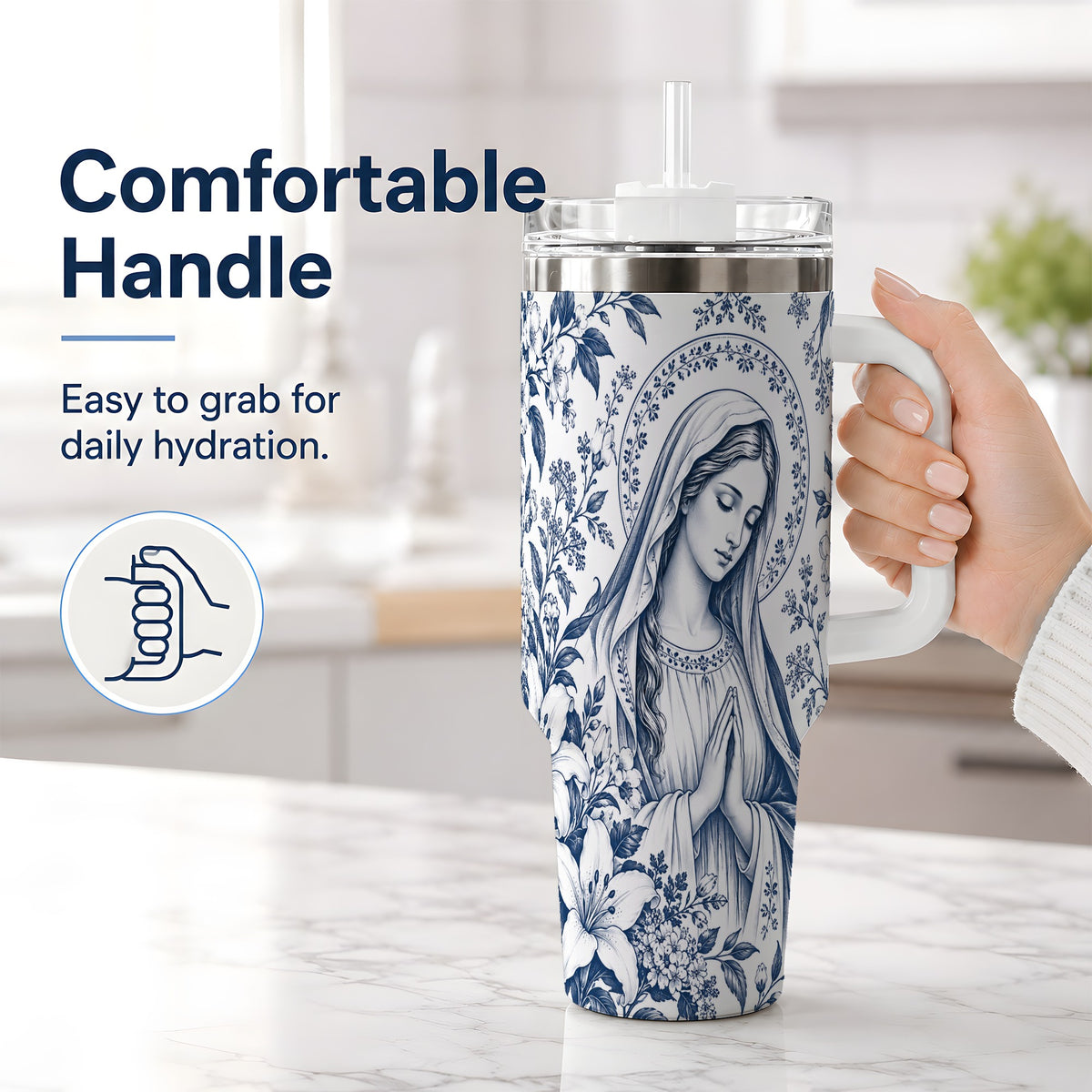 #pl[40oz|White] Praying Woman Floral 40oz Tumbler, Stainless Steel Faith Drinkware