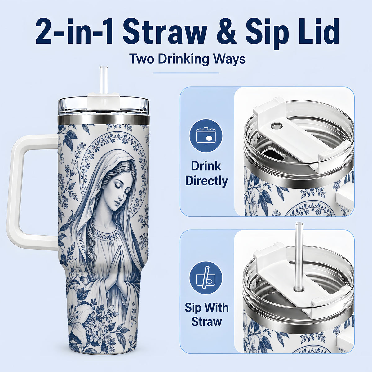 #pl[40oz|White] Praying Woman Floral 40oz Tumbler, Stainless Steel Faith Drinkware
