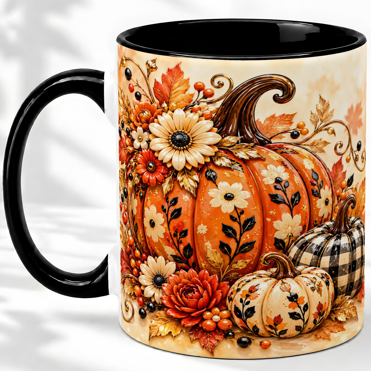 #pl[11oz|Black] Autumn Pumpkin Floral Accent Mug, Ceramic Coffee Cup