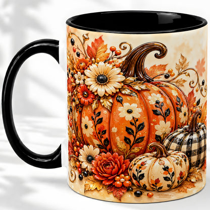 #pl[11oz|Black] Autumn Pumpkin Floral Accent Mug, Ceramic Coffee Cup