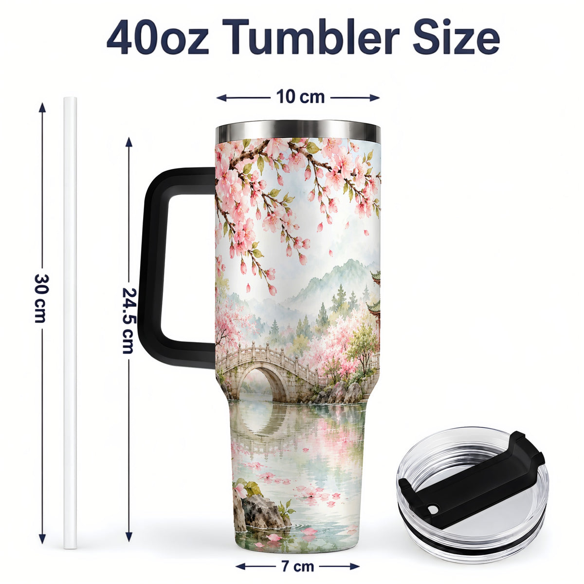 #pl[40oz|Black] Cherry Blossom Garden 40oz Tumbler, Stainless Steel Scenic Drinkware
