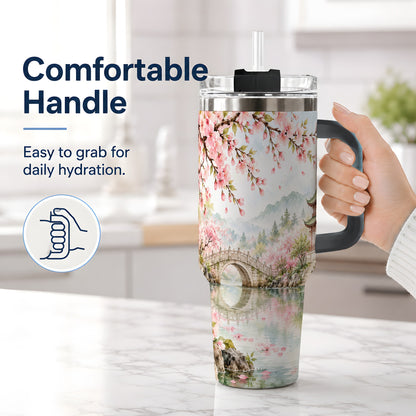 #pl[40oz|Black] Cherry Blossom Garden 40oz Tumbler, Stainless Steel Scenic Drinkware