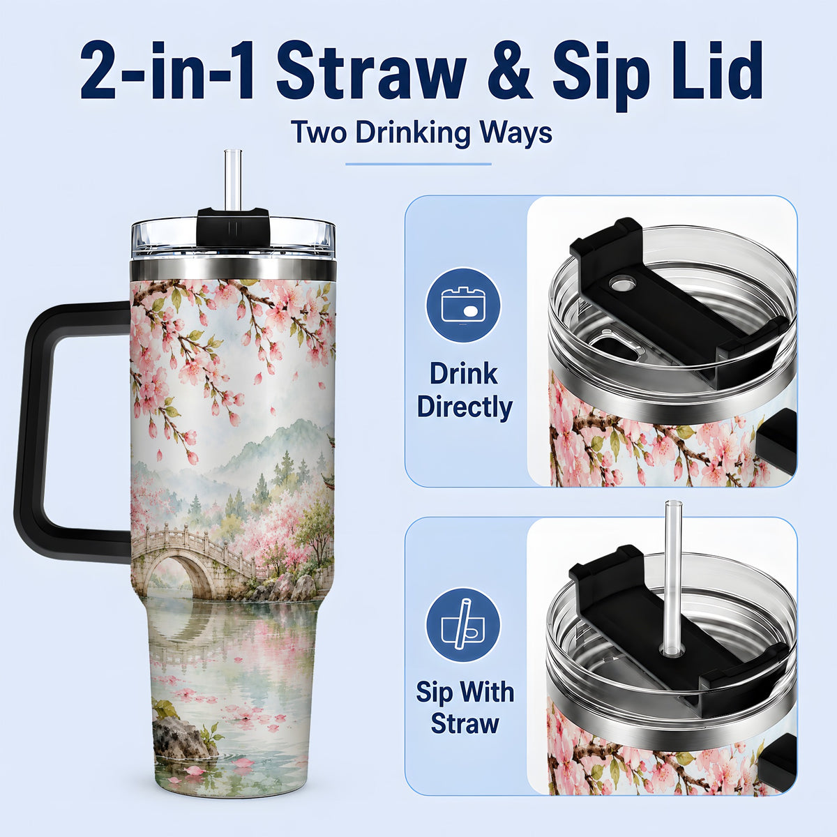 #pl[40oz|Black] Cherry Blossom Garden 40oz Tumbler, Stainless Steel Scenic Drinkware