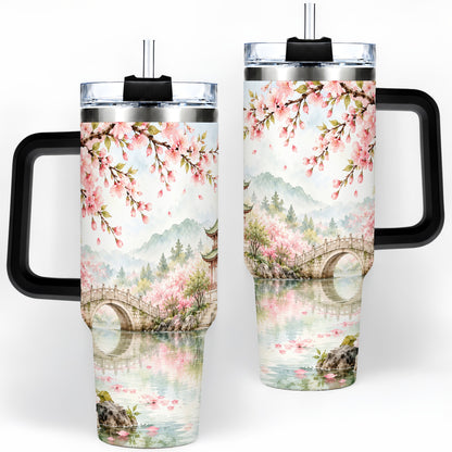 #pl[40oz|Black] Cherry Blossom Garden 40oz Tumbler, Stainless Steel Scenic Drinkware