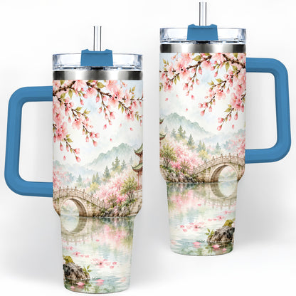#pl[40oz|Blue] Cherry Blossom Garden 40oz Tumbler, Stainless Steel Scenic Drinkware