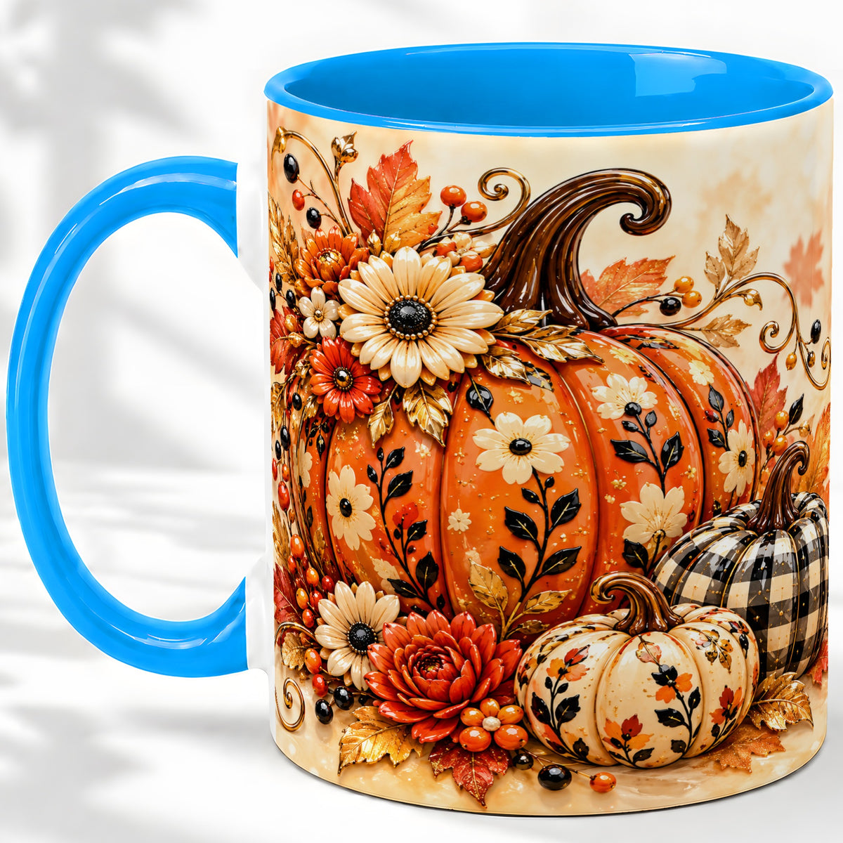 #pl[11oz|Blue] Autumn Pumpkin Floral Accent Mug, Ceramic Coffee Cup