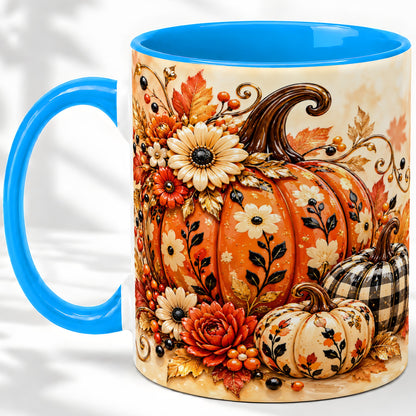 #pl[11oz|Blue] Autumn Pumpkin Floral Accent Mug, Ceramic Coffee Cup