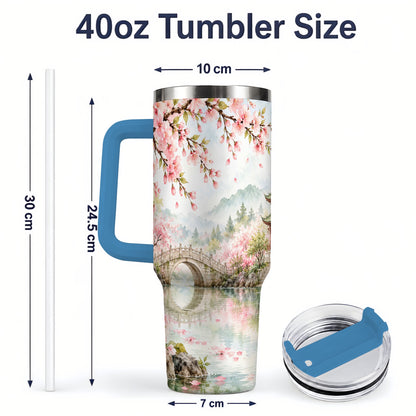 #pl[40oz|Blue] Cherry Blossom Garden 40oz Tumbler, Stainless Steel Scenic Drinkware