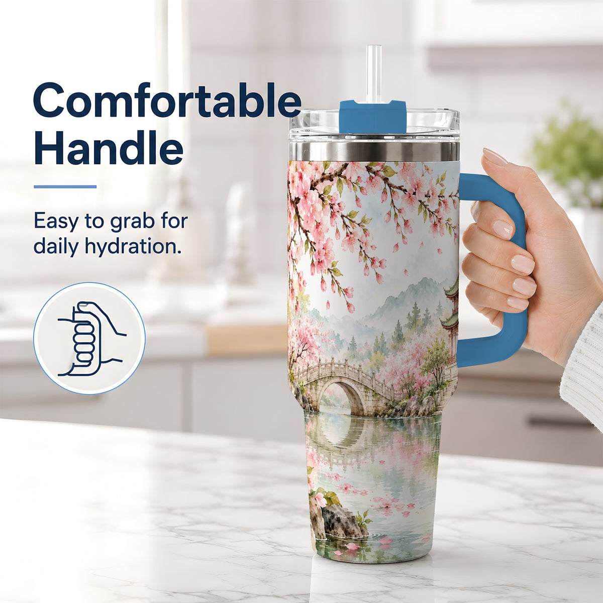 #pl[40oz|Blue] Cherry Blossom Garden 40oz Tumbler, Stainless Steel Scenic Drinkware
