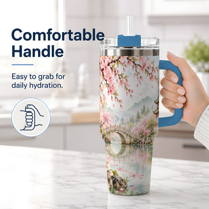 #pl[40oz|Blue] Cherry Blossom Garden 40oz Tumbler, Stainless Steel Scenic Drinkware