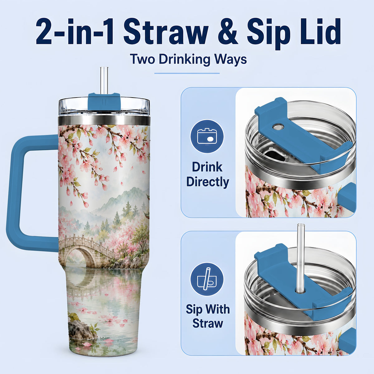 #pl[40oz|Blue] Cherry Blossom Garden 40oz Tumbler, Stainless Steel Scenic Drinkware