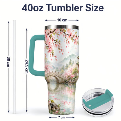 #pl[40oz|Green] Cherry Blossom Garden 40oz Tumbler, Stainless Steel Scenic Drinkware