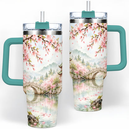 #pl[40oz|Green] Cherry Blossom Garden 40oz Tumbler, Stainless Steel Scenic Drinkware