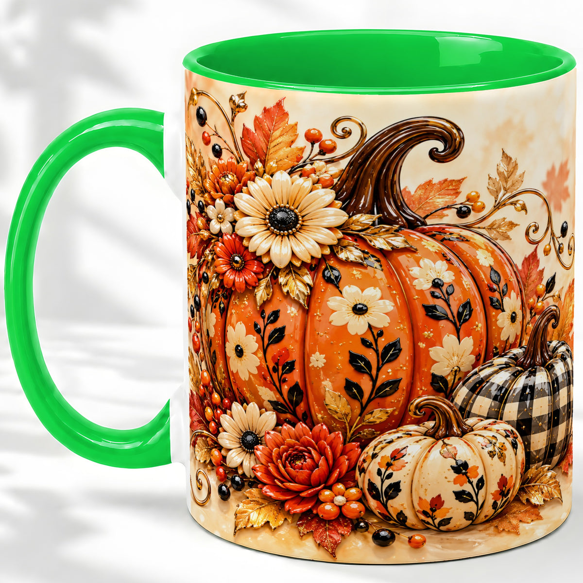 #pl[11oz|Green] Autumn Pumpkin Floral Accent Mug, Ceramic Coffee Cup