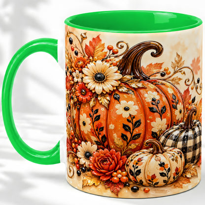 #pl[11oz|Green] Autumn Pumpkin Floral Accent Mug, Ceramic Coffee Cup
