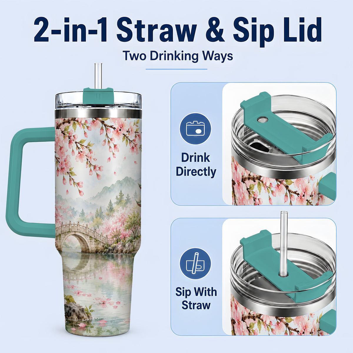 #pl[40oz|Green] Cherry Blossom Garden 40oz Tumbler, Stainless Steel Scenic Drinkware