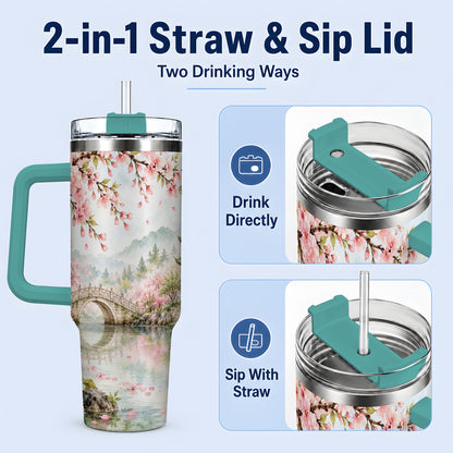 #pl[40oz|Green] Cherry Blossom Garden 40oz Tumbler, Stainless Steel Scenic Drinkware