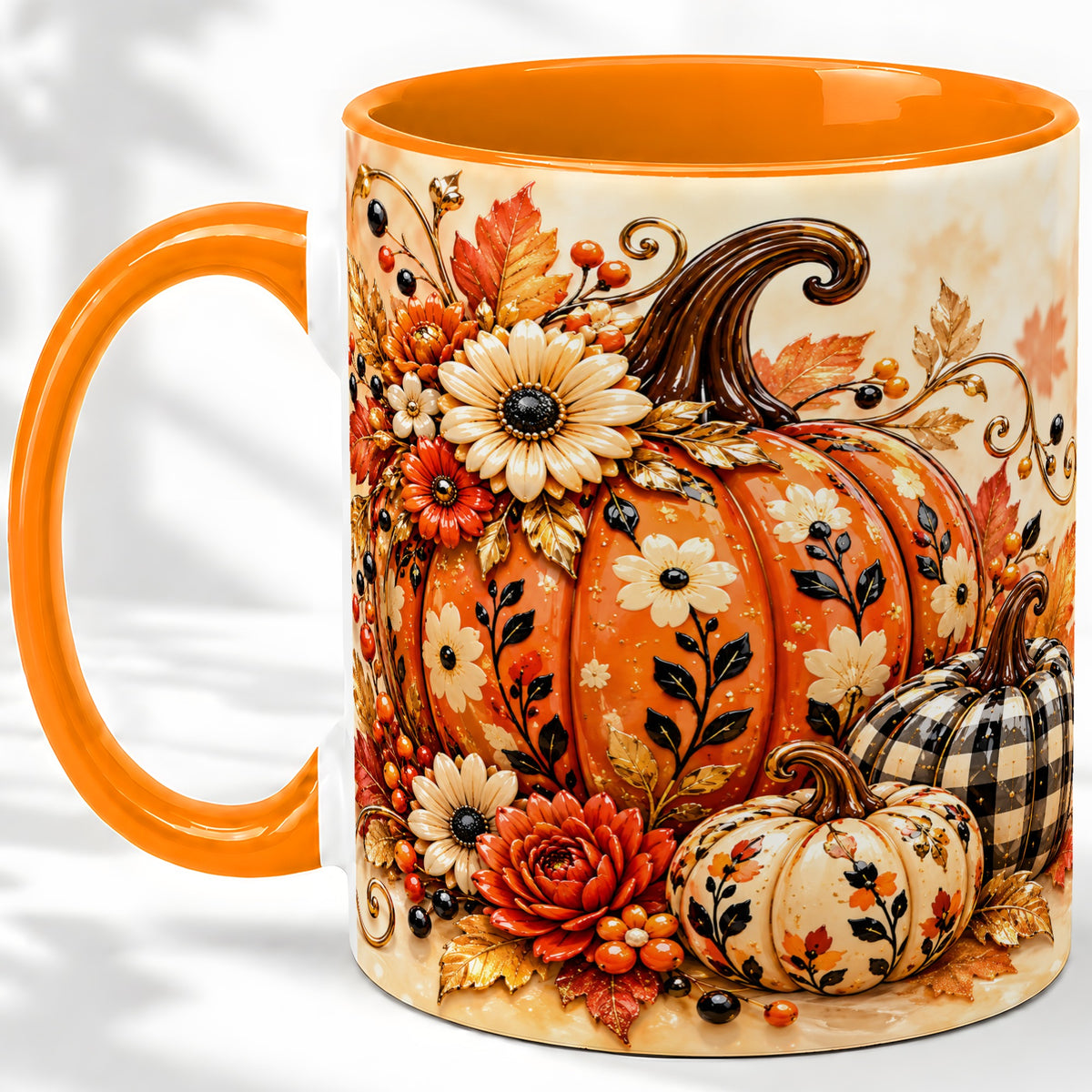 #pl[11oz|Orange] Autumn Pumpkin Floral Accent Mug, Ceramic Coffee Cup