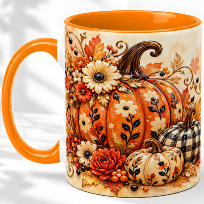 #pl[11oz|Orange] Autumn Pumpkin Floral Accent Mug, Ceramic Coffee Cup