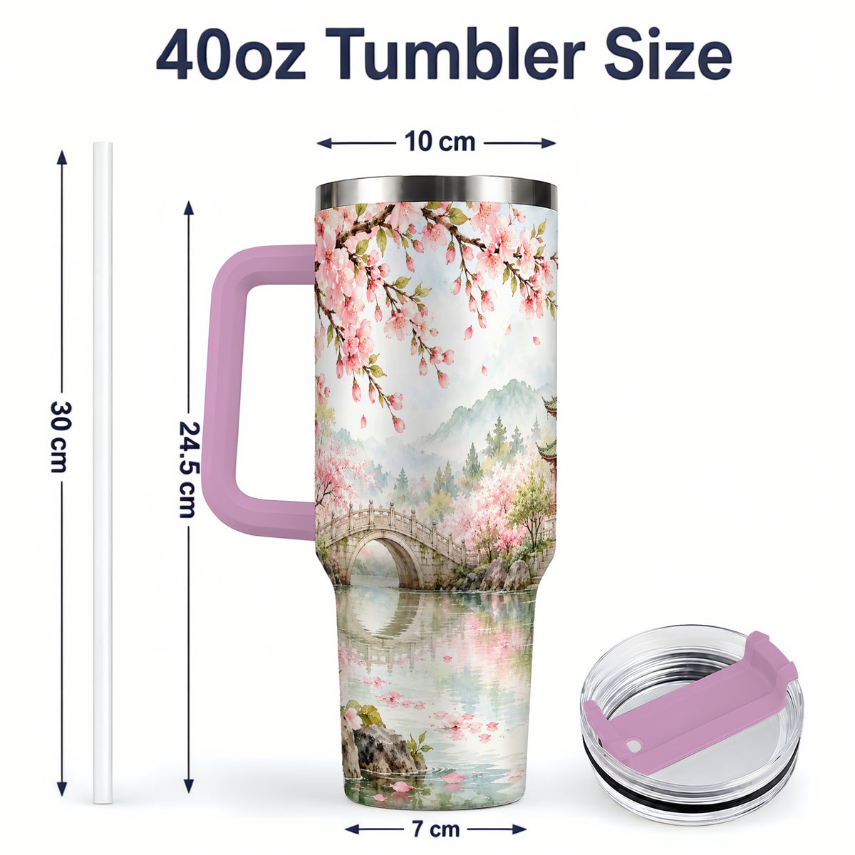 #pl[40oz|Pink] Cherry Blossom Garden 40oz Tumbler, Stainless Steel Scenic Drinkware