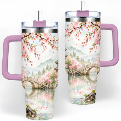 #pl[40oz|Pink] Cherry Blossom Garden 40oz Tumbler, Stainless Steel Scenic Drinkware
