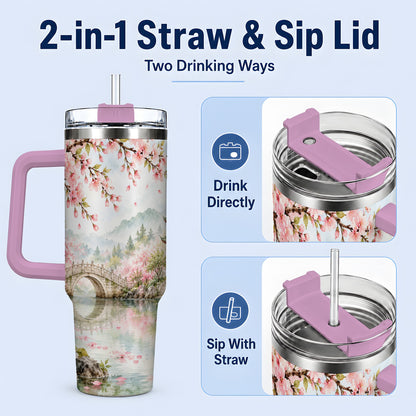 #pl[40oz|Pink] Cherry Blossom Garden 40oz Tumbler, Stainless Steel Scenic Drinkware