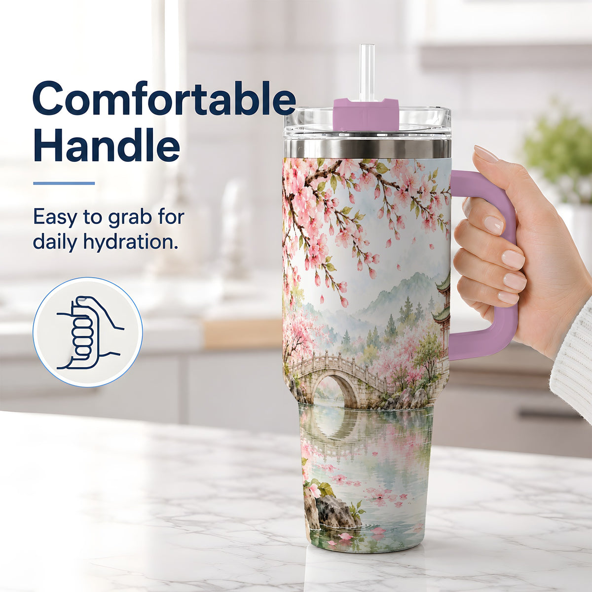 #pl[40oz|Pink] Cherry Blossom Garden 40oz Tumbler, Stainless Steel Scenic Drinkware