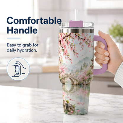 #pl[40oz|Pink] Cherry Blossom Garden 40oz Tumbler, Stainless Steel Scenic Drinkware
