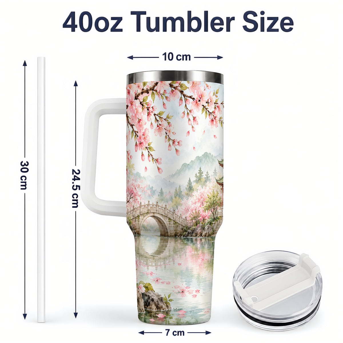 #pl[40oz|White] Cherry Blossom Garden 40oz Tumbler, Stainless Steel Scenic Drinkware