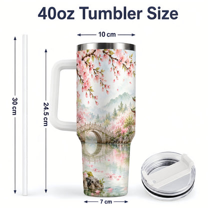 #pl[40oz|White] Cherry Blossom Garden 40oz Tumbler, Stainless Steel Scenic Drinkware