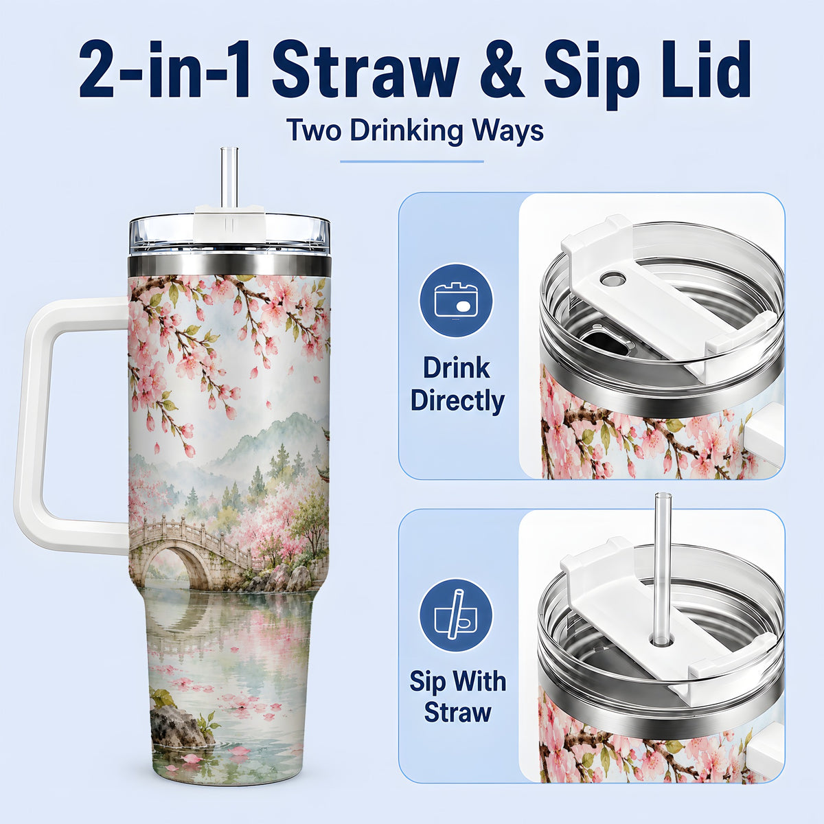 #pl[40oz|White] Cherry Blossom Garden 40oz Tumbler, Stainless Steel Scenic Drinkware